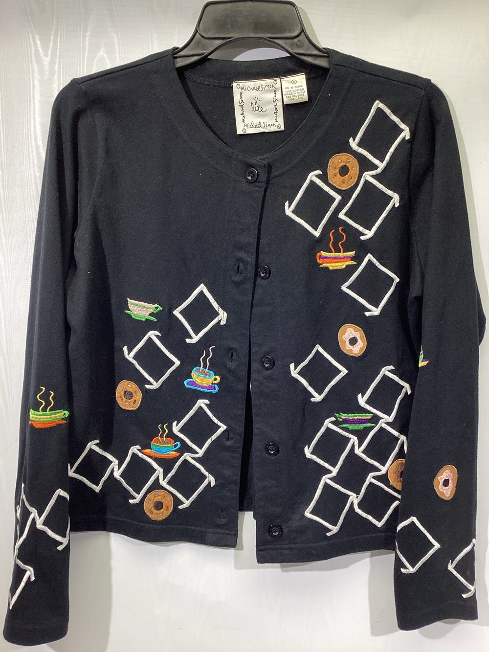 Michael Simon Lite Embroidered Coffee and Doughnuts Cardigan Small Cotton